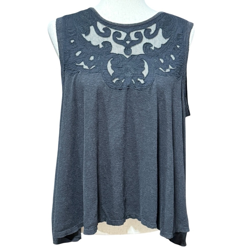 Free People Linen Blend Lace Flowy Tank Top Size Small Black Boho Floral Summer